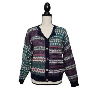 Vintage 90s Acrylic Mohair Knit Button Front Jewel Tone Cardigan